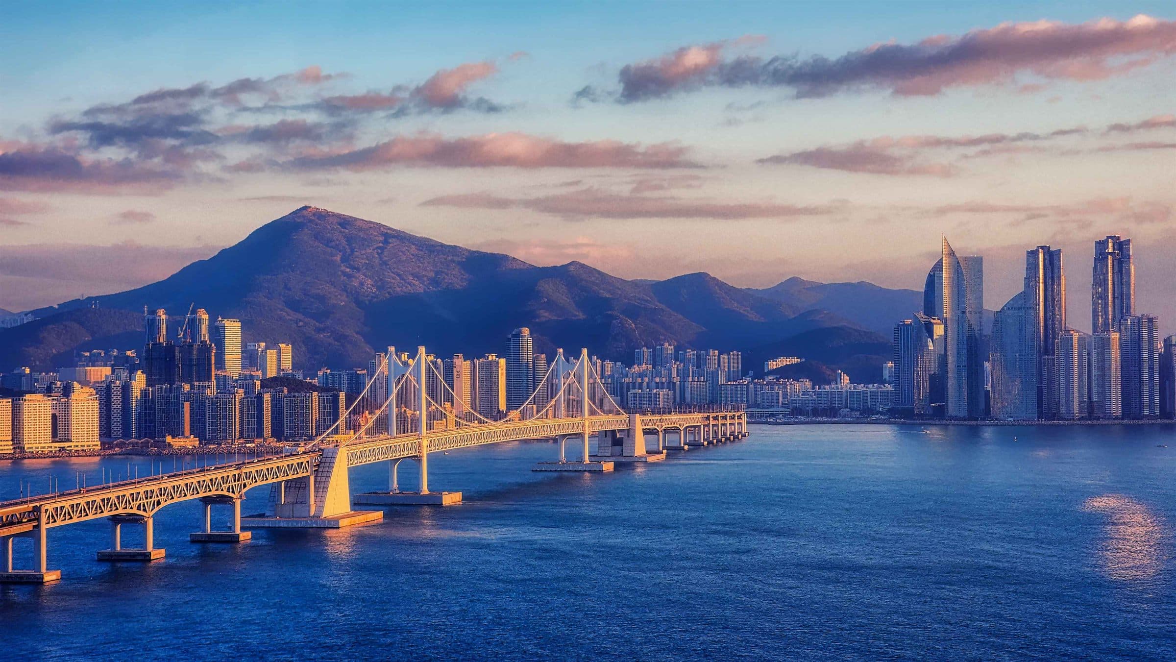 Gwangan Bridge and the Marine City skyline at sunset, Busan